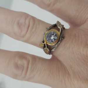 Twig and Leaf Engagement Ring Silver  Yellow Gold CZ Simulated Diamond Size 9